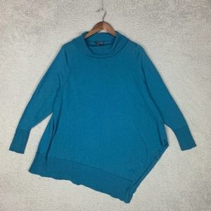 Eileen Fisher Sweater 1X Teal Neck Asymmetrical Hem Merino Wool